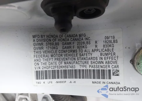 2019 Honda Civic Lx from USA, damaged, VIN 2HGFC2F62KH597483